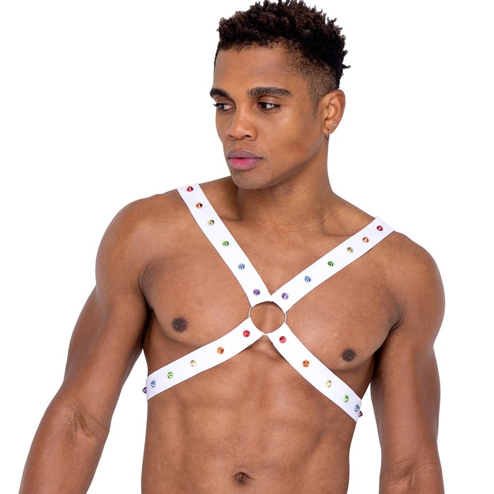 Rainbow Studded Harness with O Rings - White